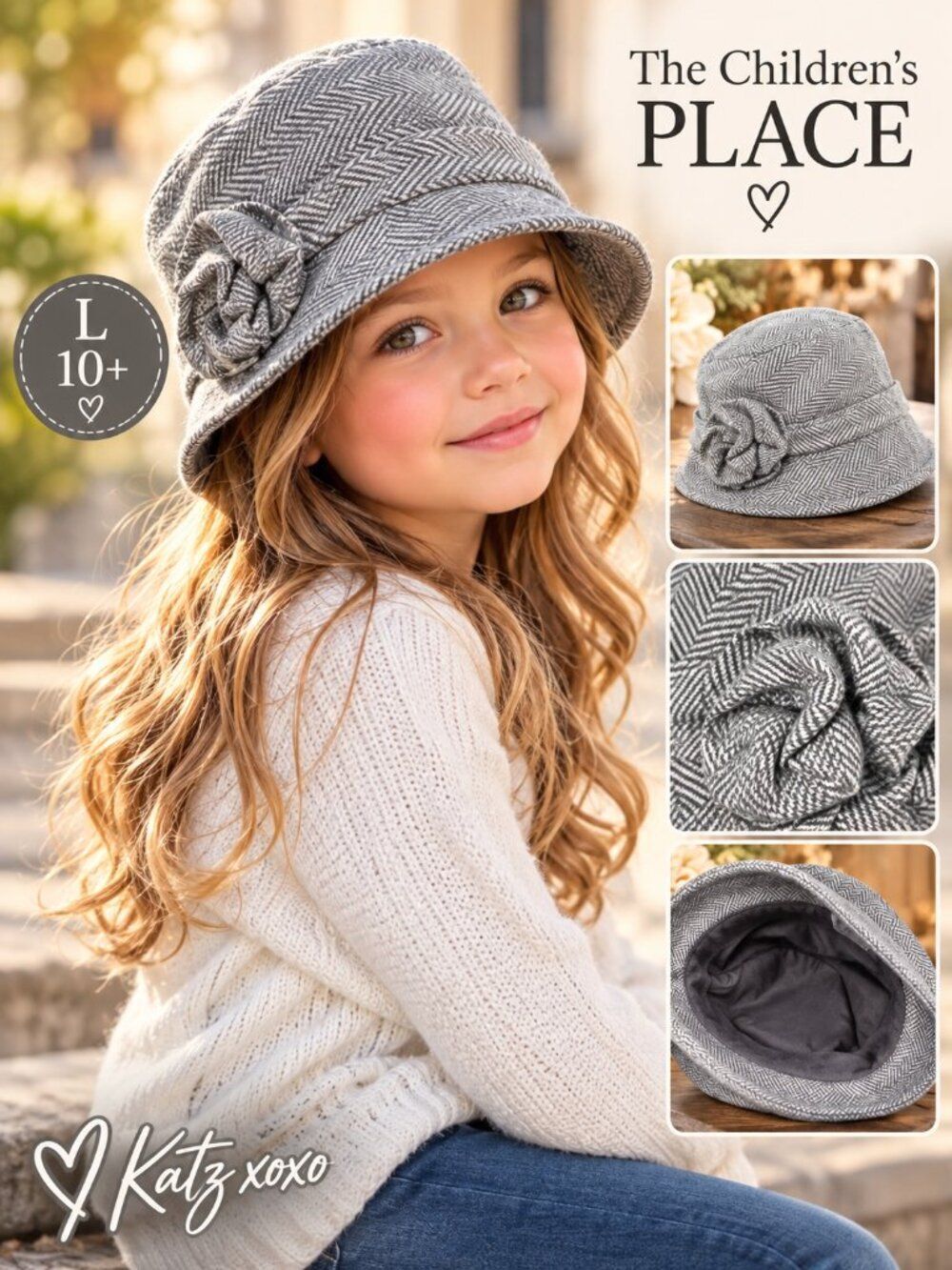 The Children's Place Girls L 10+ Gray Herringbone Cloche Hat Wool Blend Flower